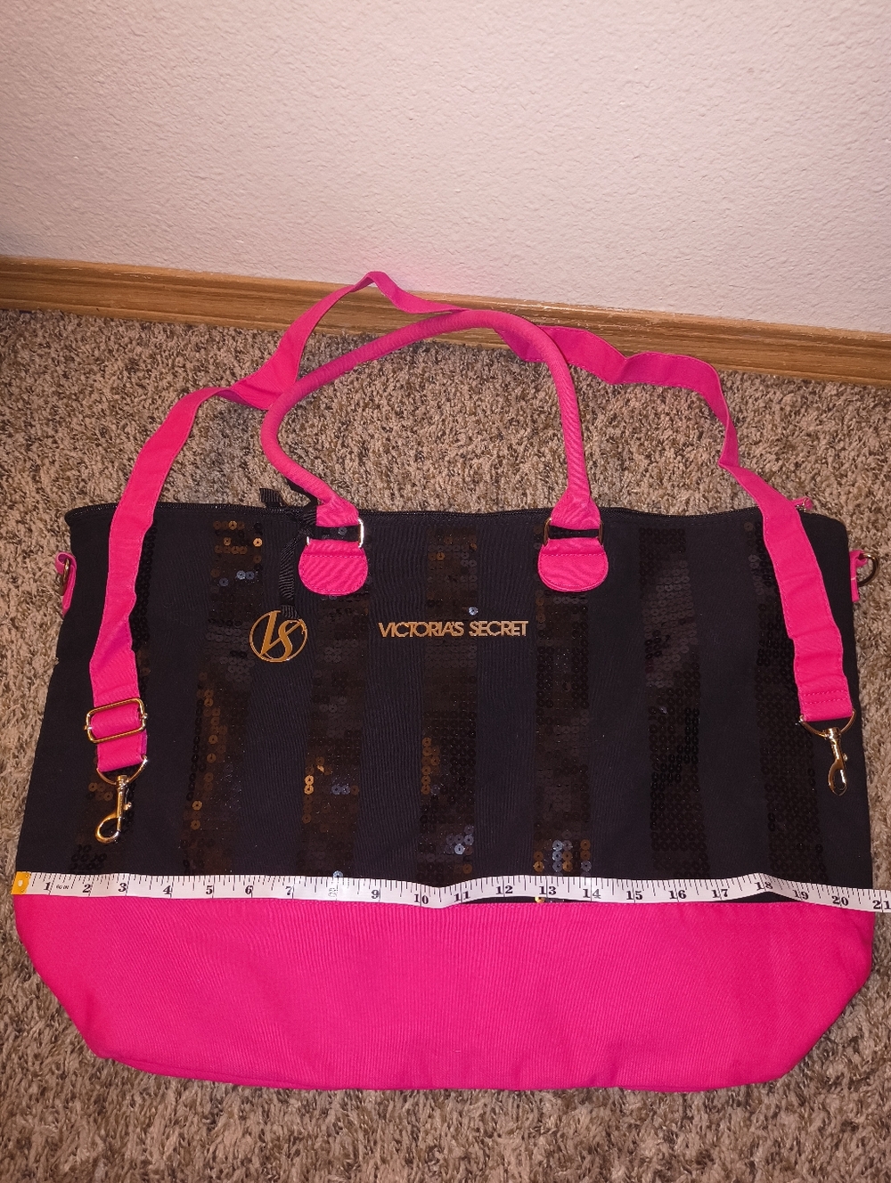 Victoria's Secret Black Sequin Weekender Bag with Hot Pink Trim